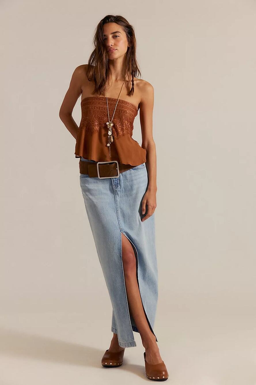 NWT FREE PEOPLE We The Free Nothing Better Denim Maxi Skirt $128 SZ 26 Ocean